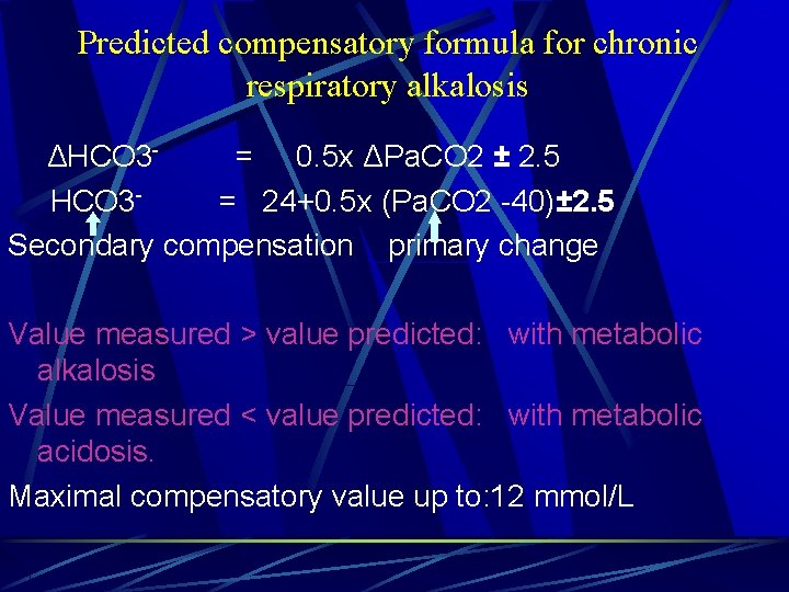 Predicted compensatory formula for chronic respiratory alkalosis ΔHCO 3 - = 0. 5 x