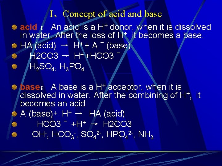 I、Concept of acid and base acid ： An acid is a H+ donor, when