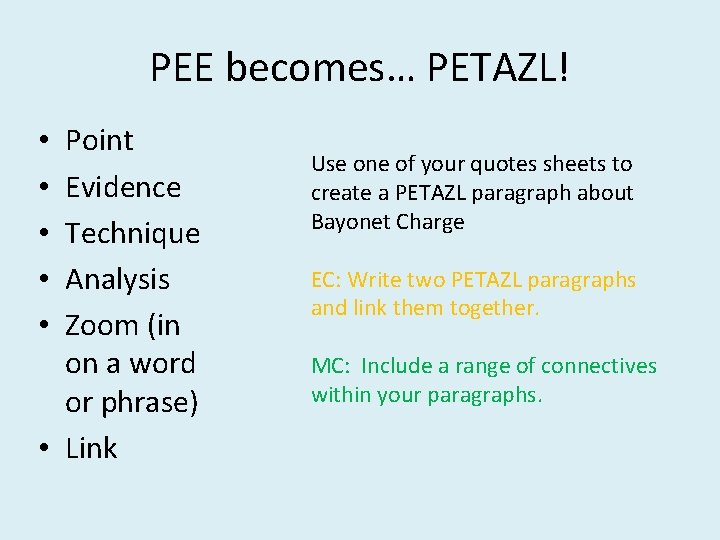 PEE becomes… PETAZL! Point Evidence Technique Analysis Zoom (in on a word or phrase)