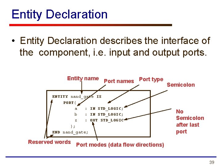 Entity Declaration • Entity Declaration describes the interface of the component, i. e. input