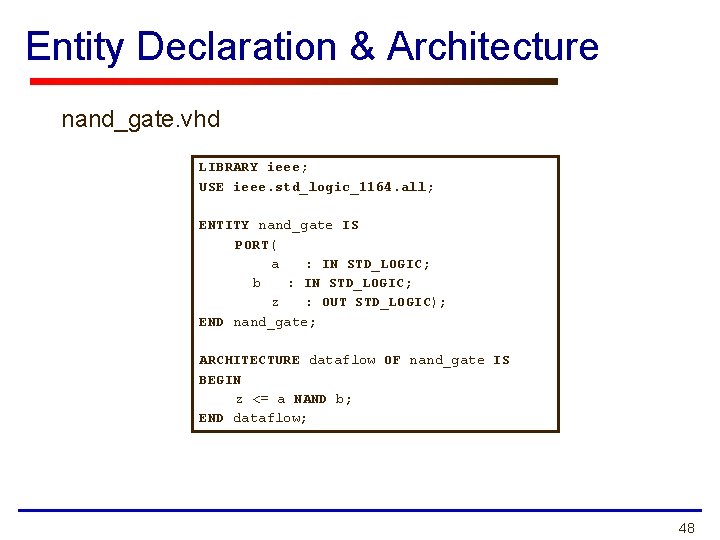 Entity Declaration & Architecture nand_gate. vhd LIBRARY ieee; USE ieee. std_logic_1164. all; ENTITY nand_gate