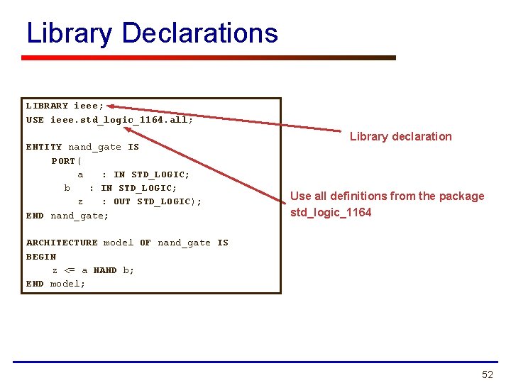 Library Declarations LIBRARY ieee; USE ieee. std_logic_1164. all; ENTITY nand_gate IS PORT( a :