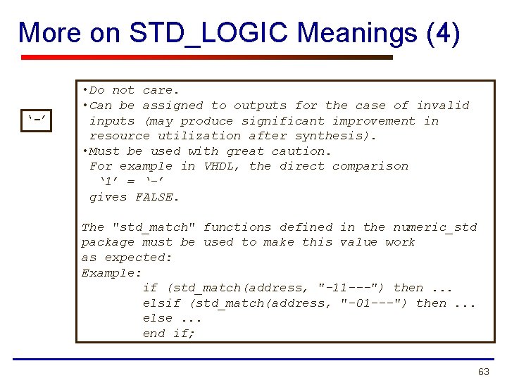 More on STD_LOGIC Meanings (4) ‘-’ • Do not care. • Can be assigned