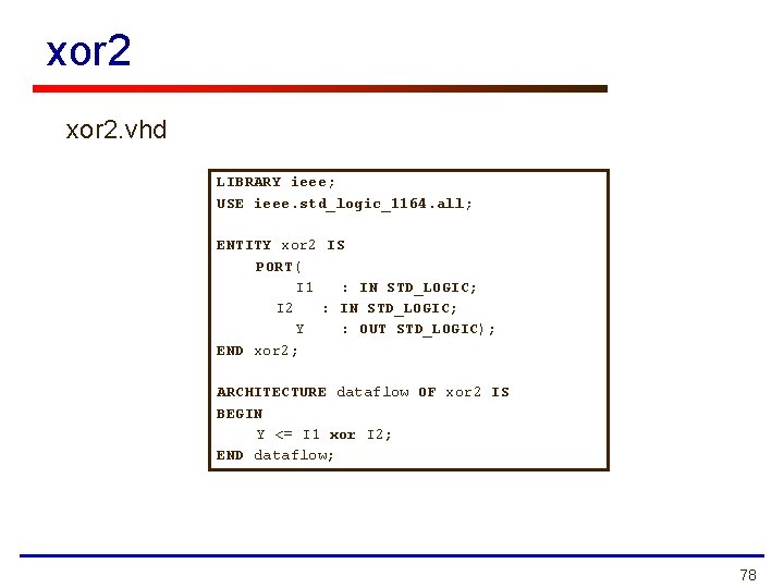 xor 2. vhd LIBRARY ieee; USE ieee. std_logic_1164. all; ENTITY xor 2 IS PORT(