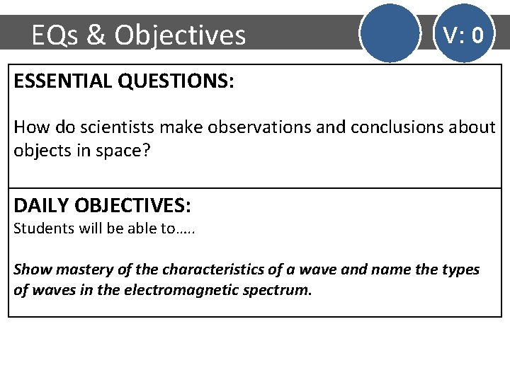 EQs & Objectives V: 0 ESSENTIAL QUESTIONS: How do scientists make observations and conclusions