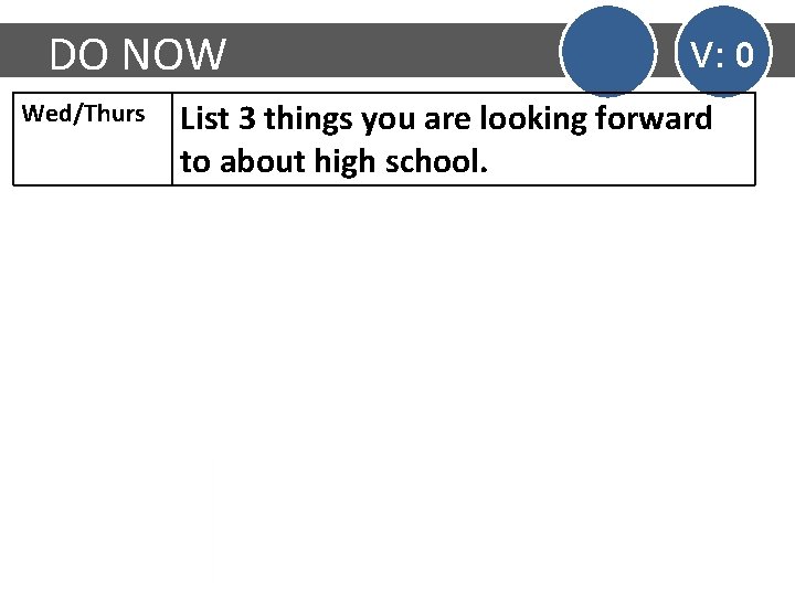 DO NOW Wed/Thurs V: 0 List 3 things you are looking forward to about