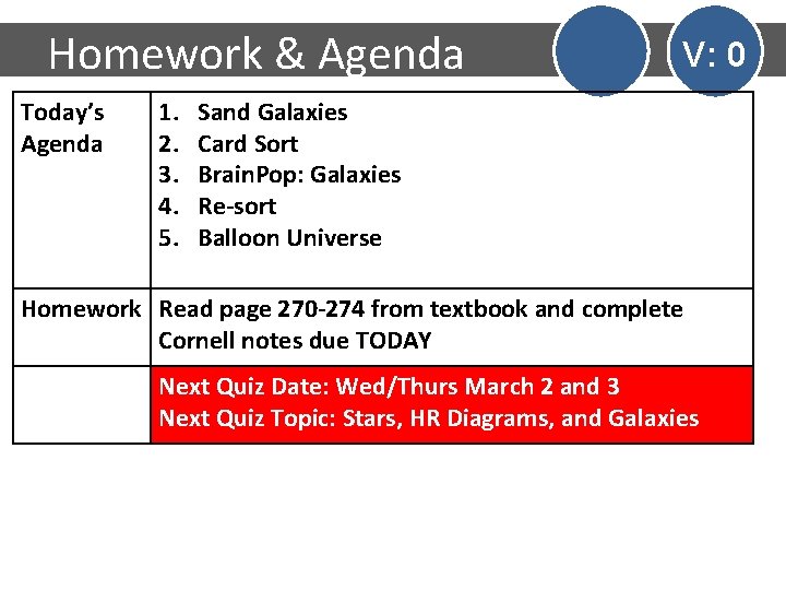 Homework & Agenda Today’s Agenda 1. 2. 3. 4. 5. V: 0 Sand Galaxies