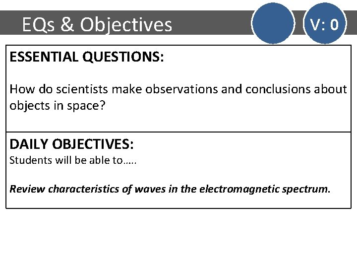 EQs & Objectives V: 0 ESSENTIAL QUESTIONS: How do scientists make observations and conclusions