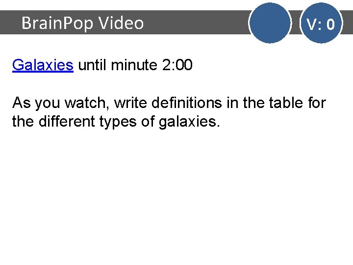 Brain. Pop Video V: 0 Galaxies until minute 2: 00 As you watch, write