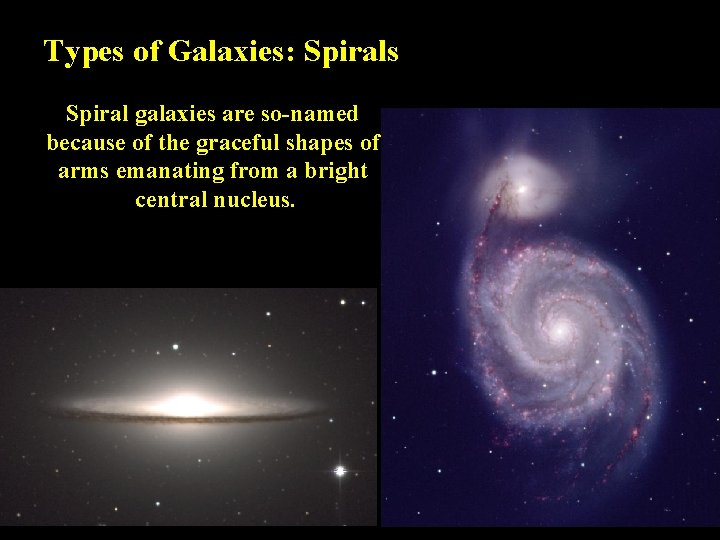 Types of Galaxies: Spirals Spiral galaxies are so-named because of the graceful shapes of