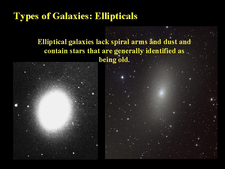 Types of Galaxies: Ellipticals Elliptical galaxies lack spiral arms and dust and contain stars