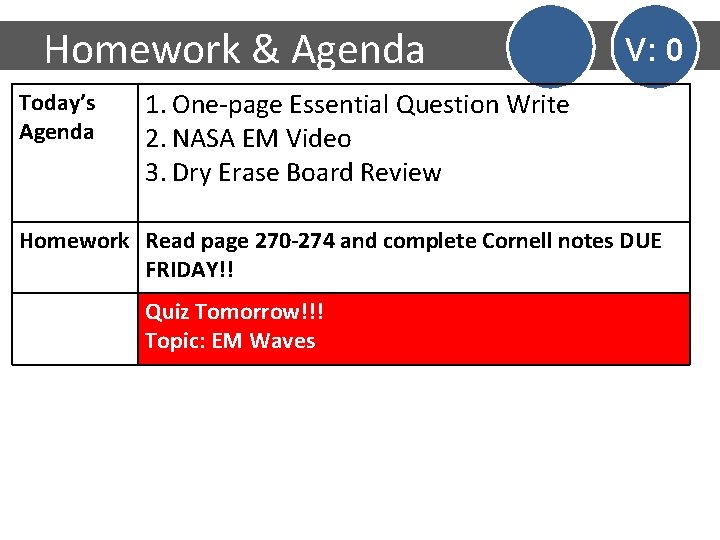 Homework & Agenda Today’s Agenda V: 0 1. One-page Essential Question Write 2. NASA