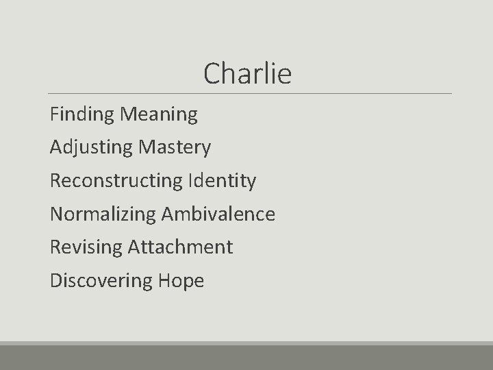 Charlie Finding Meaning Adjusting Mastery Reconstructing Identity Normalizing Ambivalence Revising Attachment Discovering Hope 