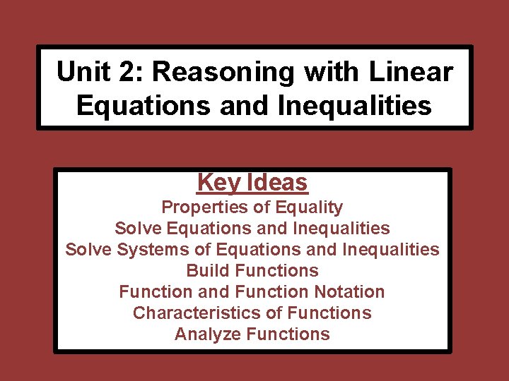 Unit 2: Reasoning with Linear Equations and Inequalities Key Ideas Properties of Equality Solve