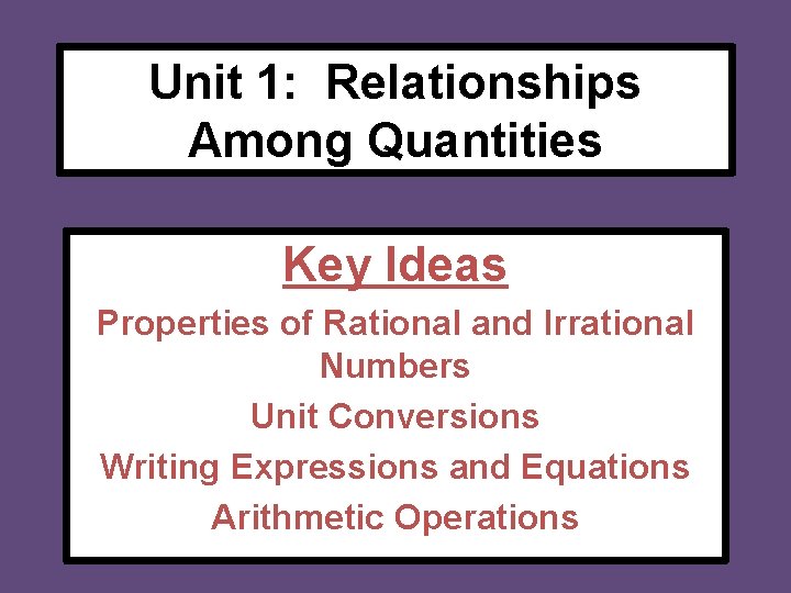 Unit 1: Relationships Among Quantities Key Ideas Properties of Rational and Irrational Numbers Unit