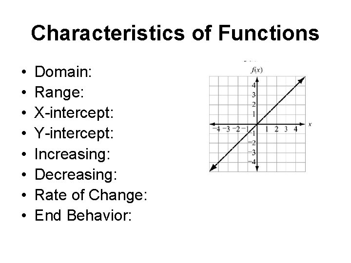 Characteristics of Functions • • Domain: Range: X-intercept: Y-intercept: Increasing: Decreasing: Rate of Change: