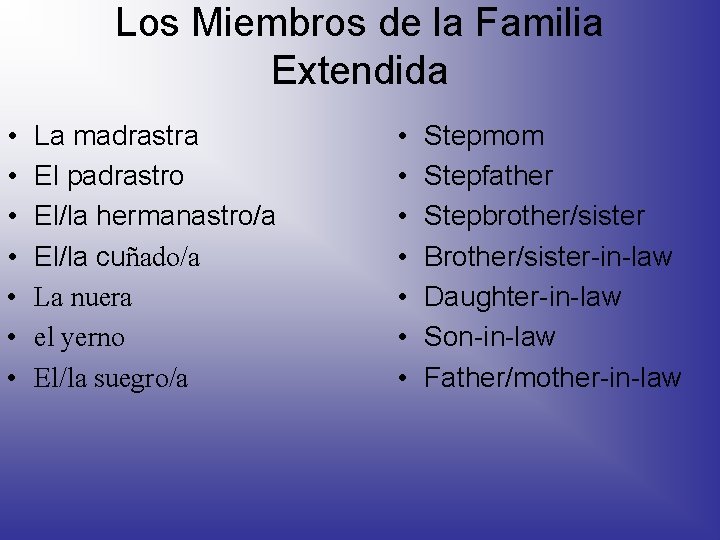 Los Miembros de la Familia Extendida • • La madrastra El padrastro El/la hermanastro/a