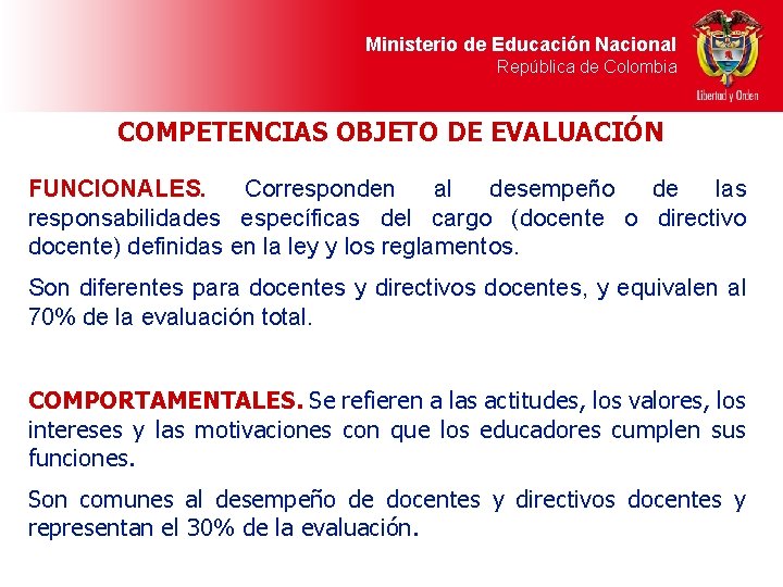 Ministerio de Educación Nacional República de Colombia COMPETENCIAS OBJETO DE EVALUACIÓN FUNCIONALES. Corresponden al