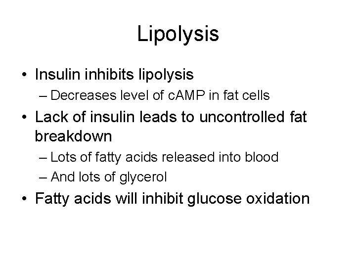 Lipolysis • Insulin inhibits lipolysis – Decreases level of c. AMP in fat cells