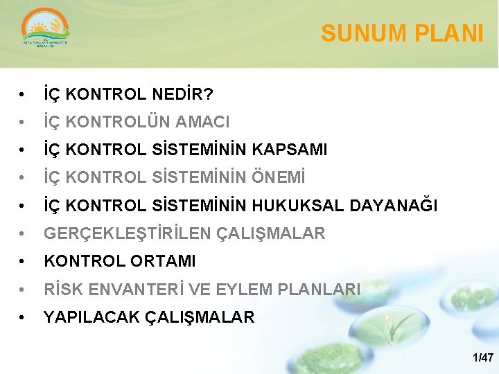 SUNUM PLANI • İÇ KONTROL NEDİR? • İÇ KONTROLÜN AMACI • İÇ KONTROL SİSTEMİNİN