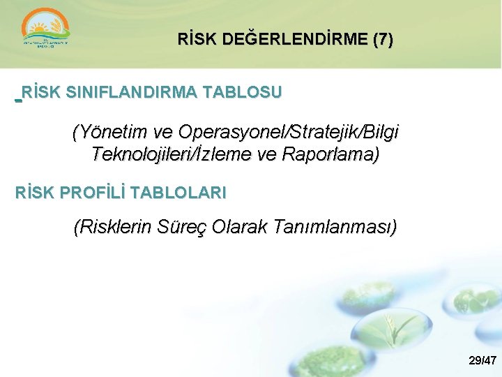 RİSK DEĞERLENDİRME (7) RİSK SINIFLANDIRMA TABLOSU (Yönetim ve Operasyonel/Stratejik/Bilgi Teknolojileri/İzleme ve Raporlama) RİSK PROFİLİ