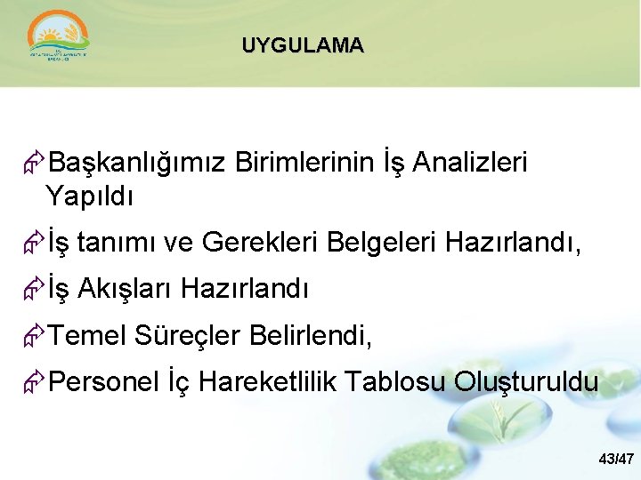 UYGULAMA Başkanlığımız Birimlerinin İş Analizleri Yapıldı İş tanımı ve Gerekleri Belgeleri Hazırlandı, İş Akışları