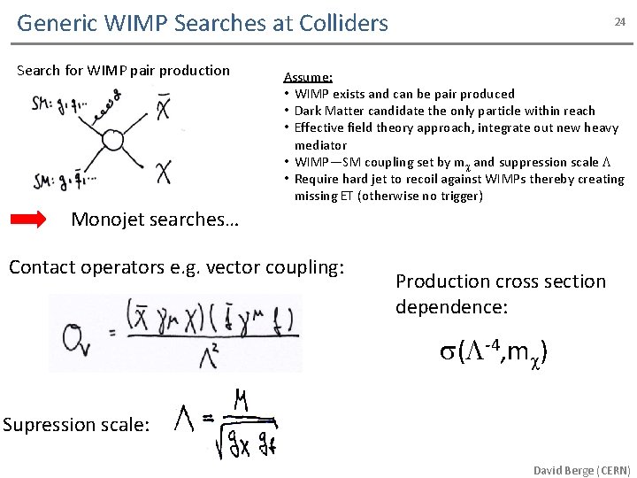 Generic WIMP Searches at Colliders Search for WIMP pair production 24 Assume: • WIMP