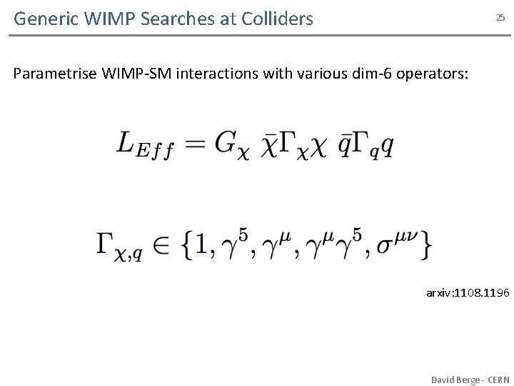 Generic WIMP Searches at Colliders 25 Parametrise WIMP-SM interactions with various dim-6 operators: arxiv:
