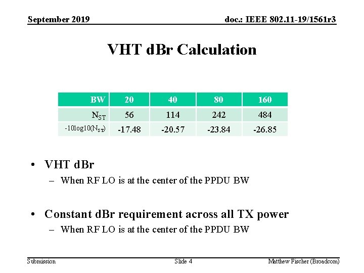 September 2019 doc. : IEEE 802. 11 -19/1561 r 3 VHT d. Br Calculation