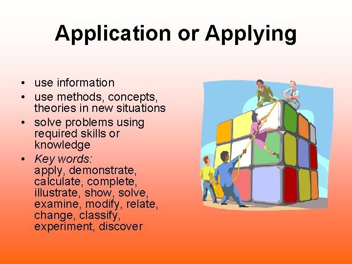 Application or Applying • use information • use methods, concepts, theories in new situations