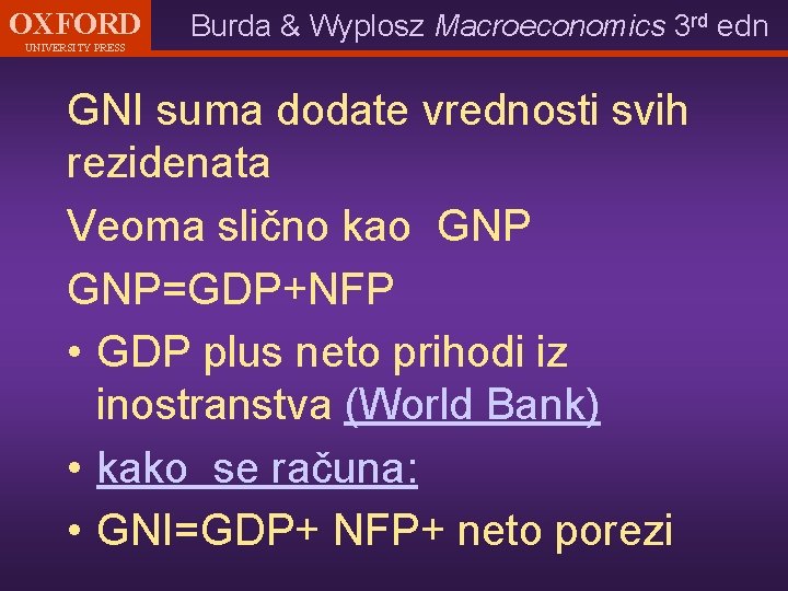 OXFORD UNIVERSITY PRESS Burda & Wyplosz Macroeconomics 3 rd edn GNI suma dodate vrednosti