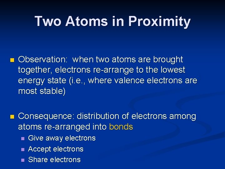 Two Atoms in Proximity n Observation: when two atoms are brought together, electrons re-arrange