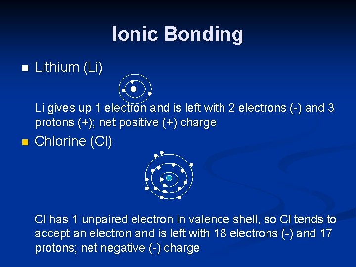 Ionic Bonding n Lithium (Li) Li gives up 1 electron and is left with