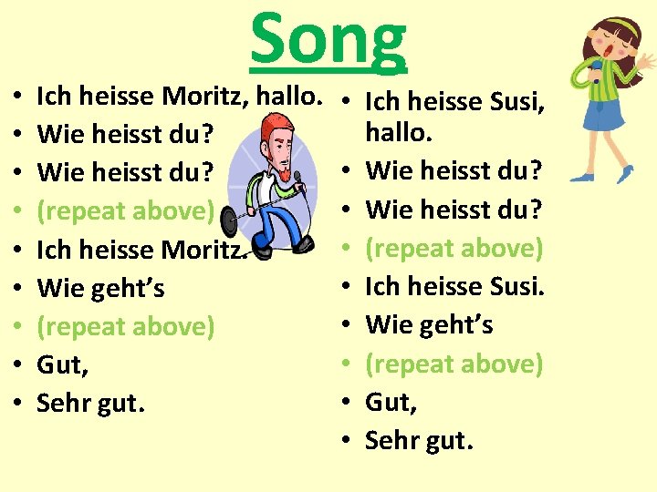  • • • Song Ich heisse Moritz, hallo. Wie heisst du? (repeat above)