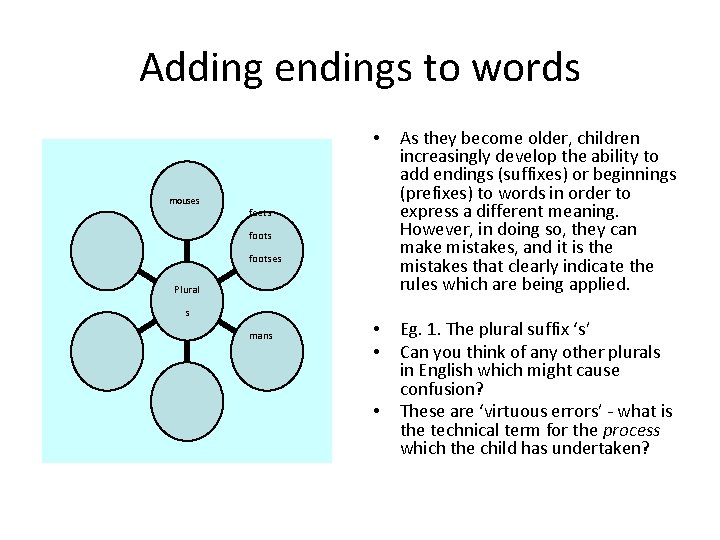 Adding endings to words mouses • As they become older, children increasingly develop the