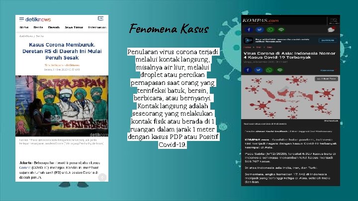 Fenomena Kasus Penularan virus corona terjadi melalui kontak langsung, misalnya air liur, melalui droplet