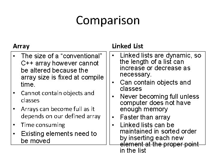 Comparison Array Linked List • The size of a “conventional” C++ array however cannot