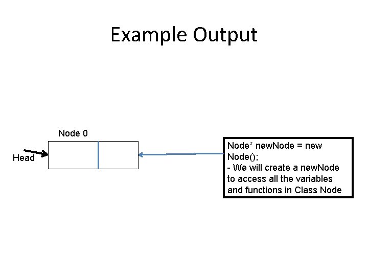 Example Output Node 0 Head Node* new. Node = new Node(); - We will