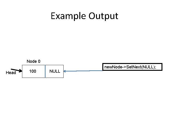 Example Output Node 0 Head 100 NULL new. Node->Set. Next(NULL); 