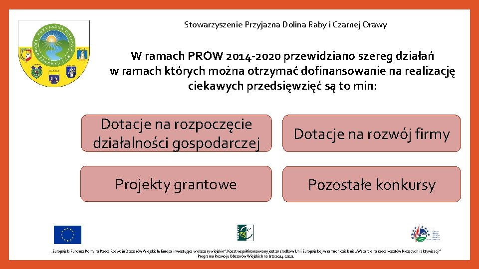 Stowarzyszenie Przyjazna Dolina Raby i Czarnej Orawy W ramach PROW 2014 -2020 przewidziano szereg
