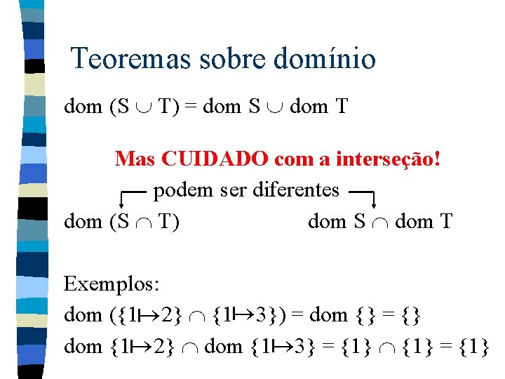 Teoremas sobre domínio dom (S T) = dom S dom T Mas CUIDADO com