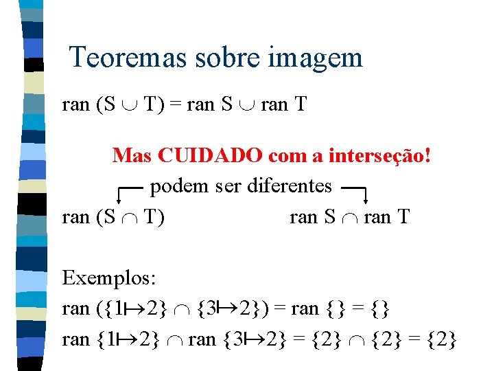 Teoremas sobre imagem ran (S T) = ran S ran T Mas CUIDADO com