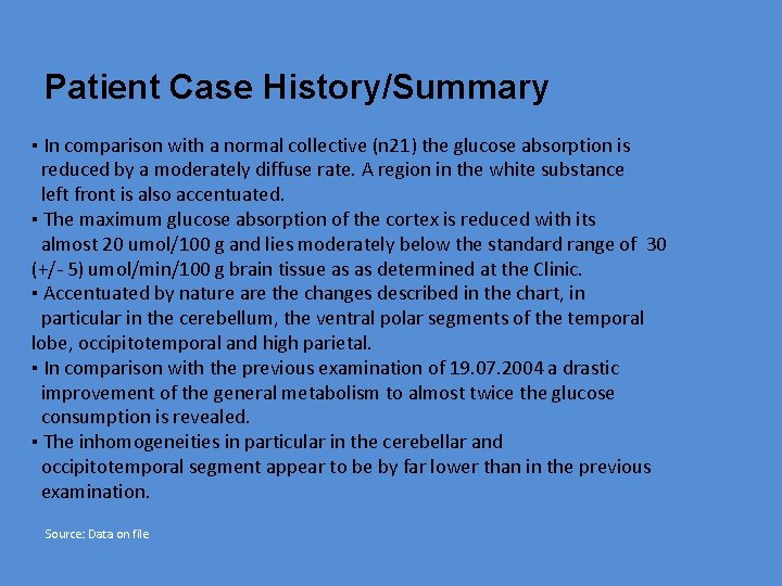 Patient Case History/Summary ▪ In comparison with a normal collective (n 21) the glucose