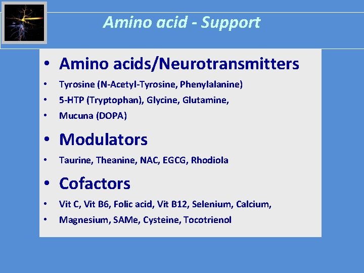Amino acid - Support • Amino acids/Neurotransmitters • Tyrosine (N-Acetyl-Tyrosine, Phenylalanine) • 5 -HTP