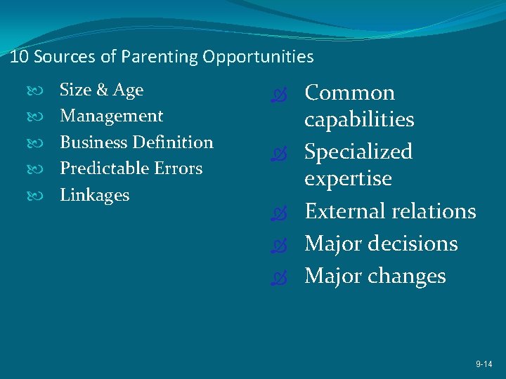 10 Sources of Parenting Opportunities Size & Age Management Business Definition Predictable Errors Linkages