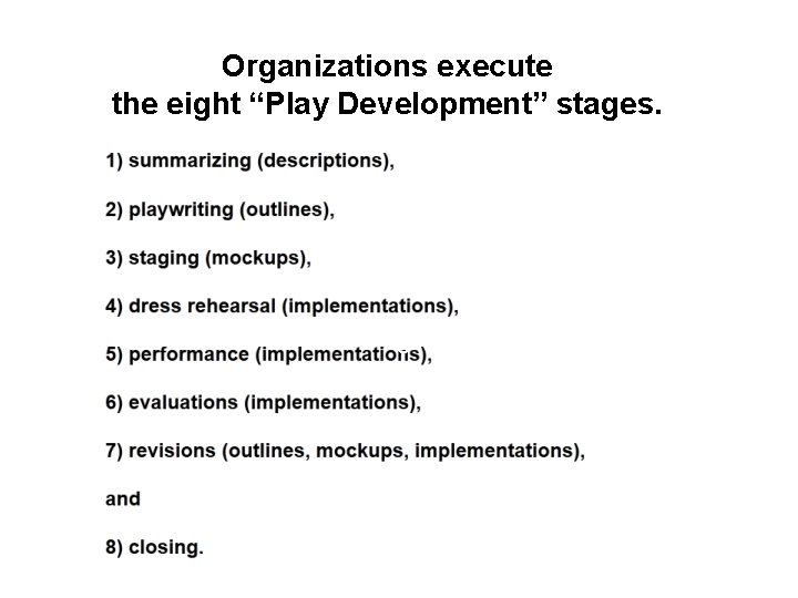 Organizations execute the eight “Play Development” stages. S 