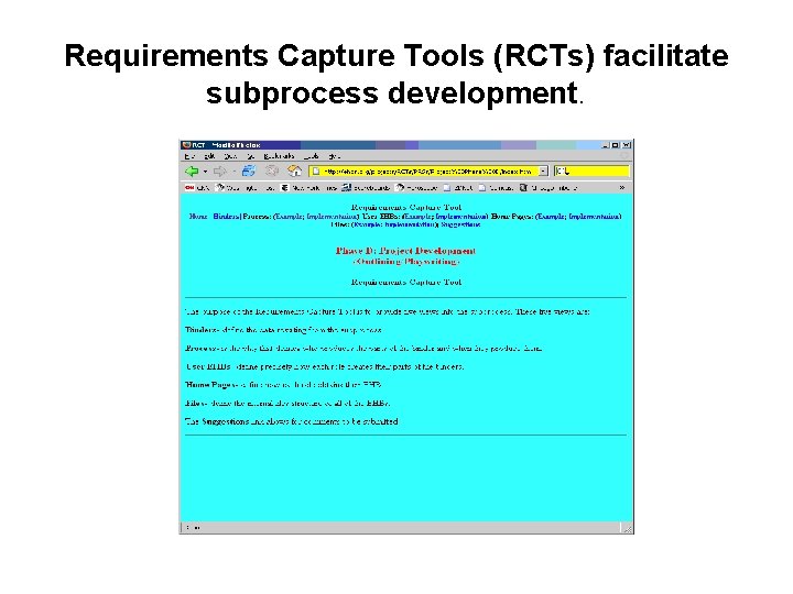 Requirements Capture Tools (RCTs) facilitate subprocess development. 