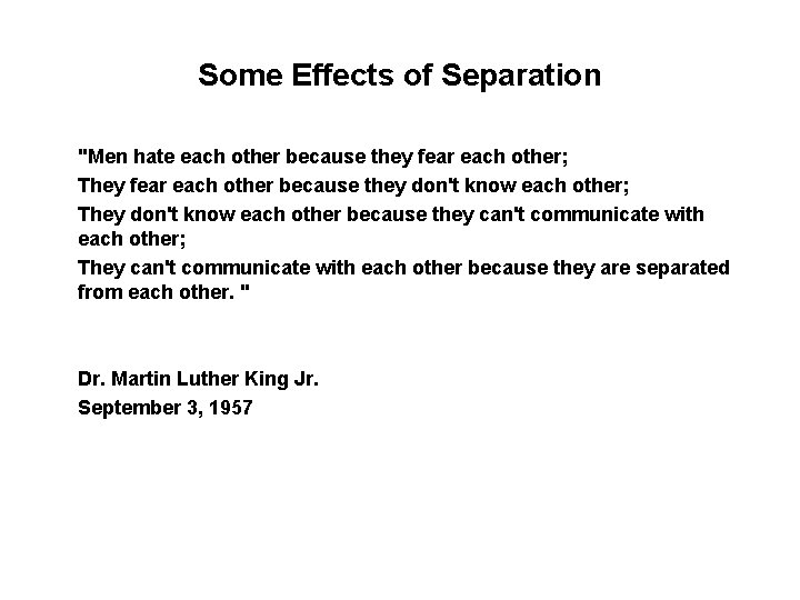 Some Effects of Separation "Men hate each other because they fear each other; They
