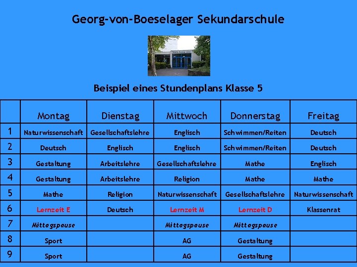 Georg-von-Boeselager Sekundarschule Beispiel eines Stundenplans Klasse 5 Montag Dienstag Mittwoch Donnerstag Freitag 1 Naturwissenschaft