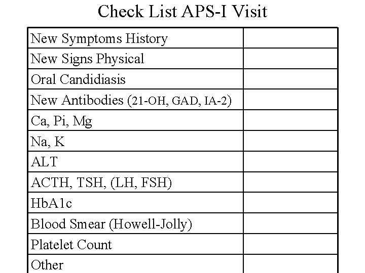 Check List APS-I Visit New Symptoms History New Signs Physical Oral Candidiasis New Antibodies